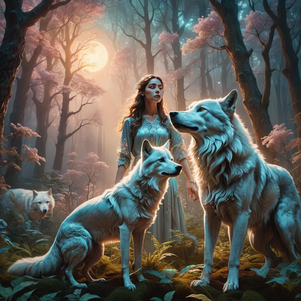 Mystical Forest Scene with Woman and Wolf