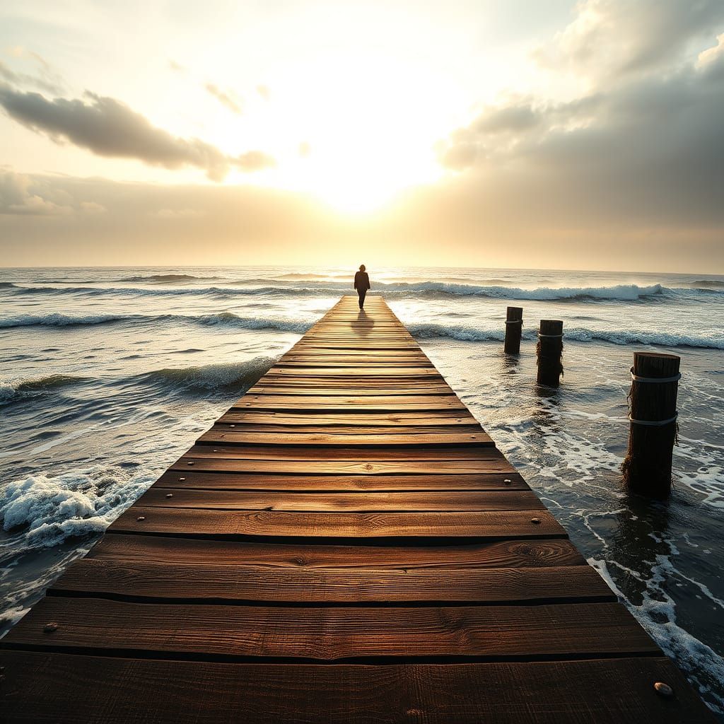 Elegant Figure Stands on Weathered Boardwalk at Sunset