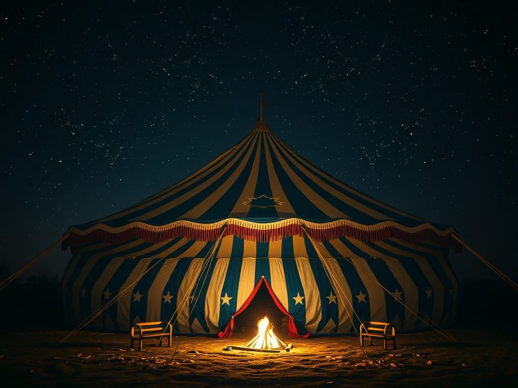 Abandoned Circus Under Starry Night Sky in Film-Noir Aesthet...