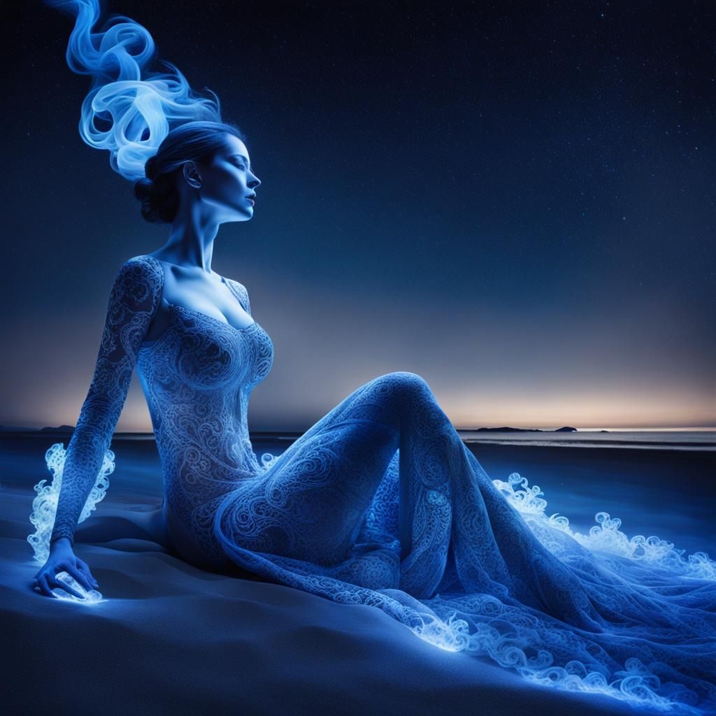 Bioluminescent Smoke Woman on Night Beach