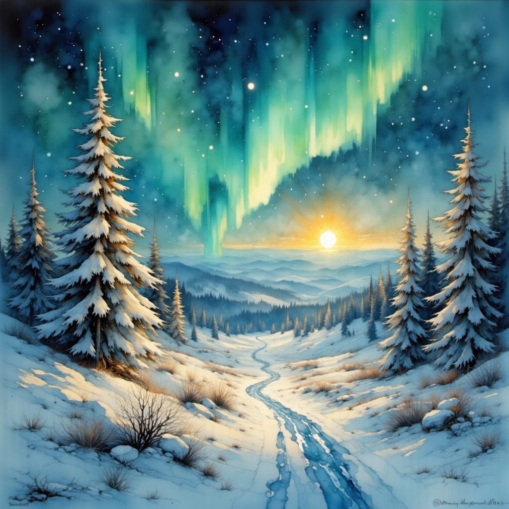 Winter Landscape with Golden Snowflakes and Aurora