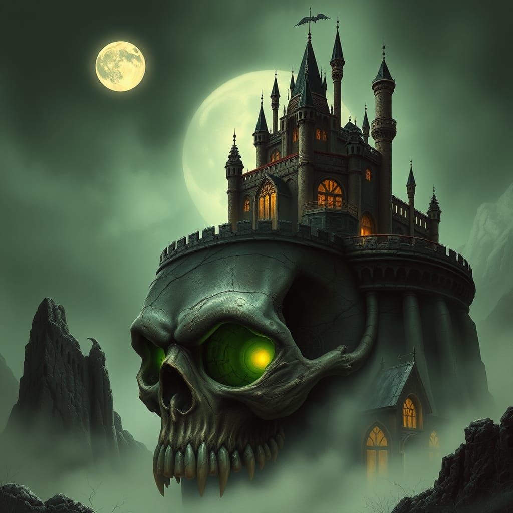 Eerie Castle on Skull with Glowing Eyes