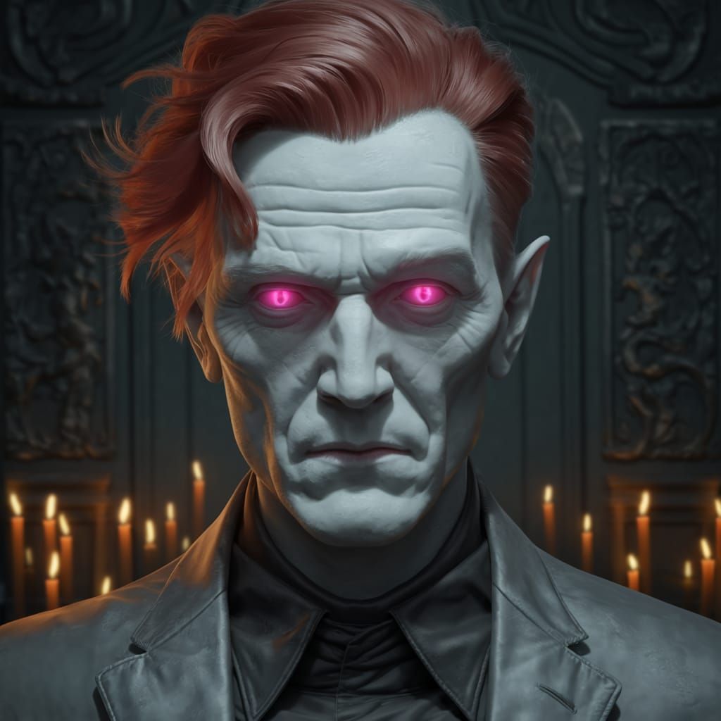 Regal Gentleman with Pink Eyes in Shadowy Room