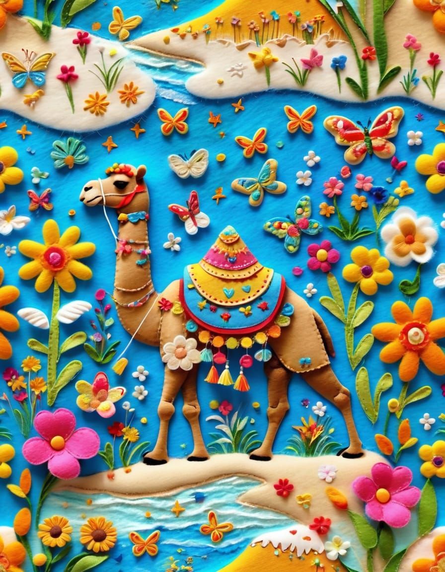 Felt Art Camel on Flower Meadow Beach Holidays