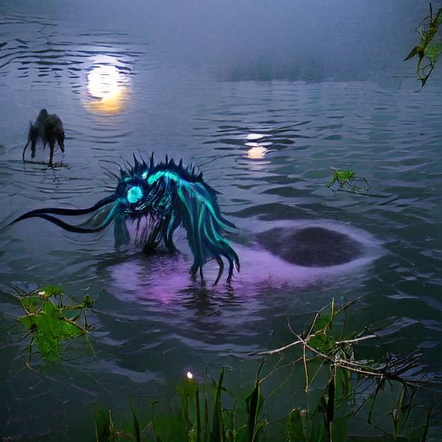 Eldritch Beast Emerges from Moonlit Lake