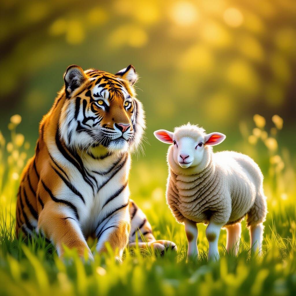 Bengal Tiger and Sheep in Meadow at Golden Hour