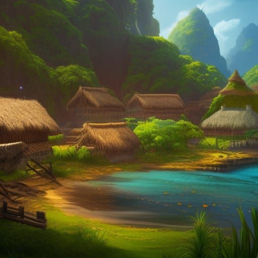 Detailed Samoan Village Matte Painting in 8K