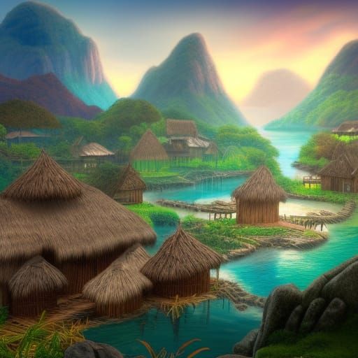 Detailed Samoan Village Matte Painting in 8k