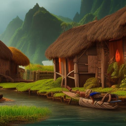 Detailed Samoan Village Matte Painting in 8k