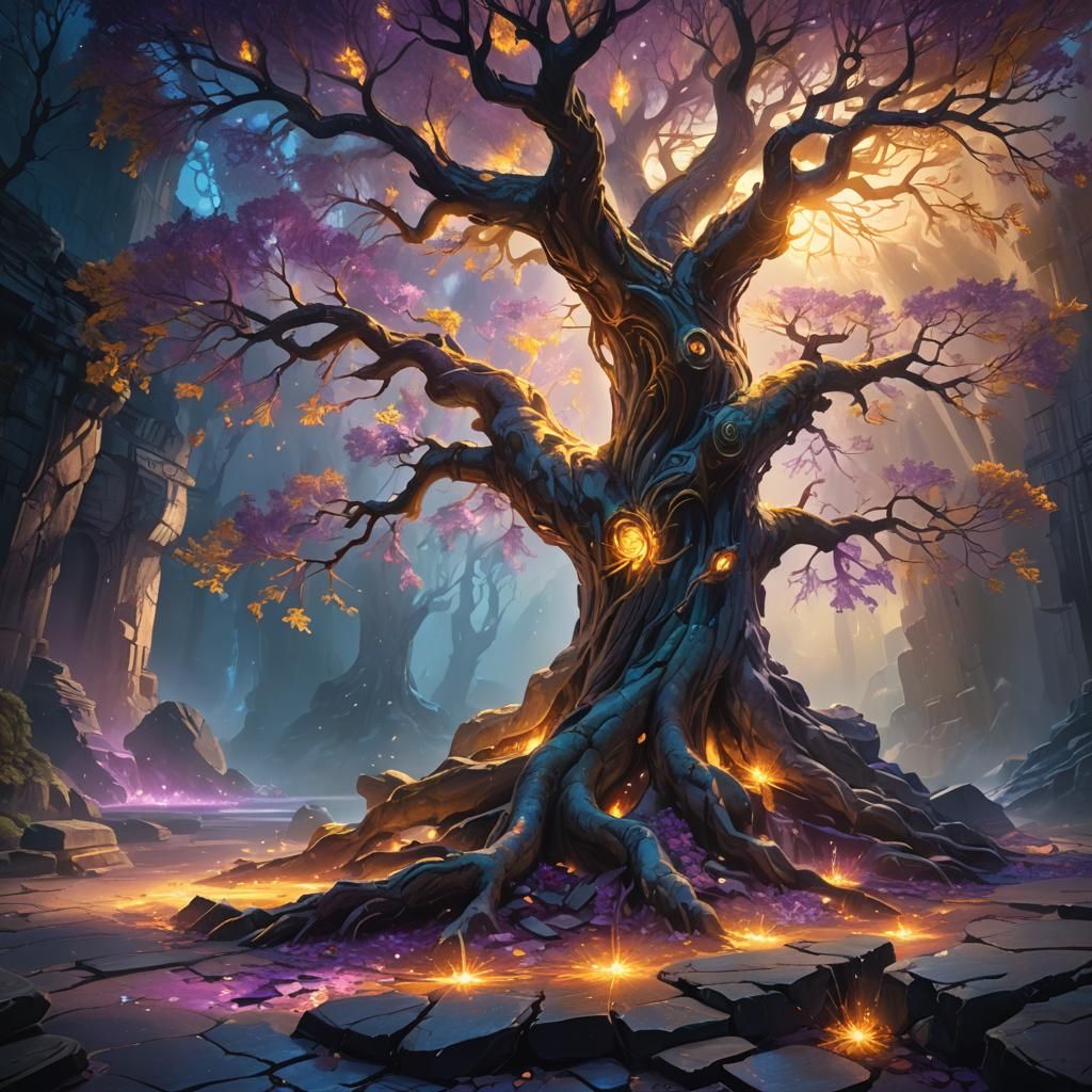 Glowing Tree Bursts From Stone Floor, Fantasy Art