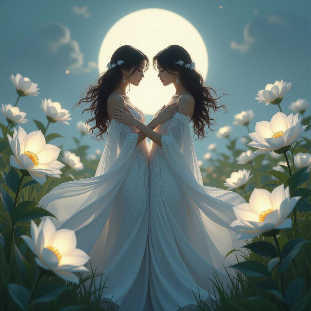 Twin Sisters Dancing in Luminous Moonflower Field