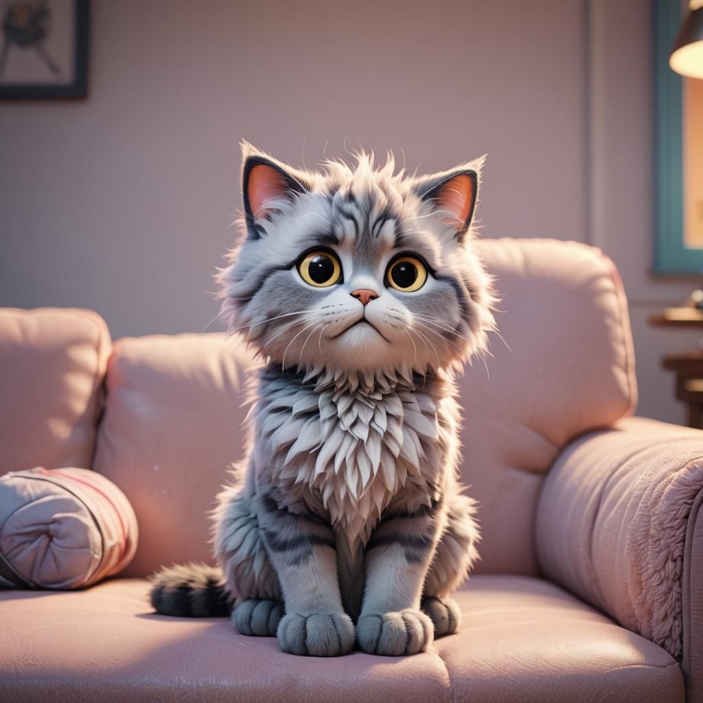Sad Cat on Couch: Pixar-Style 3D Concept Art