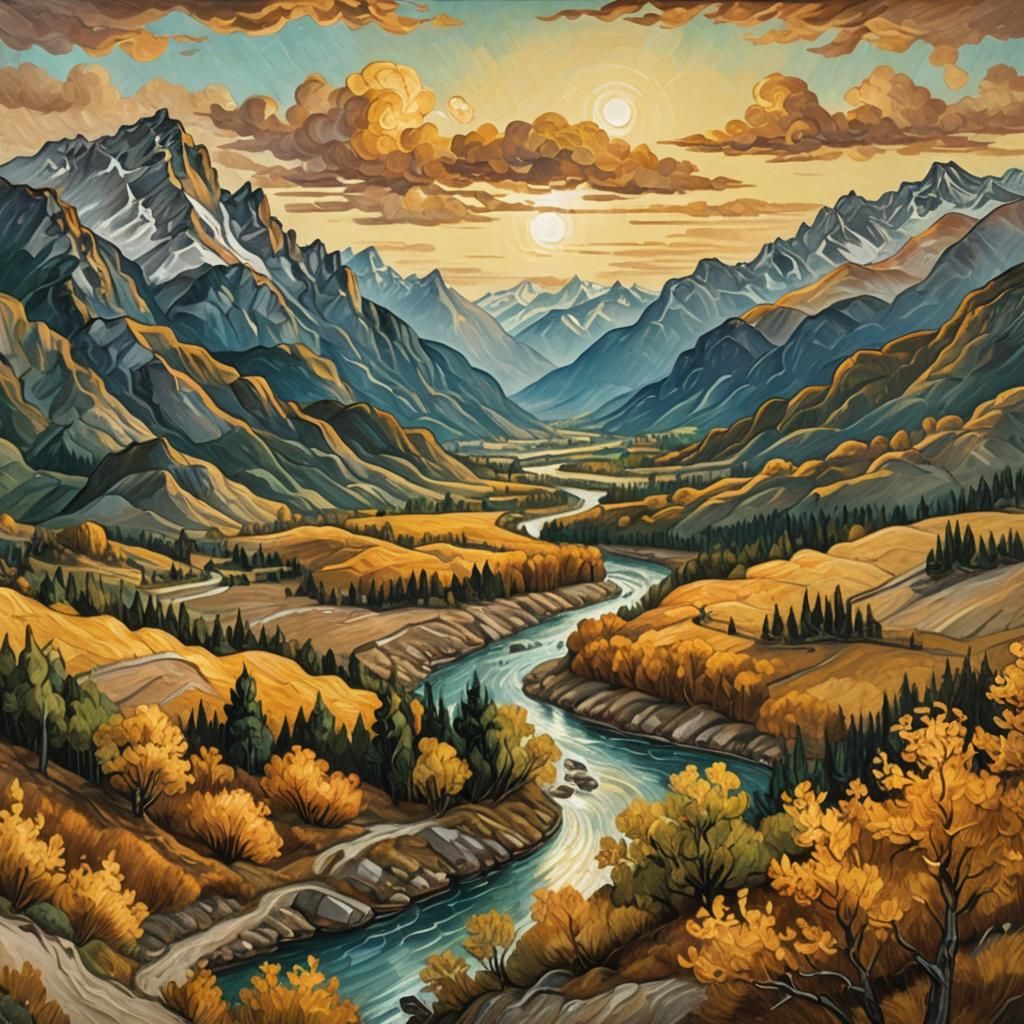 Majestic Mountain Range in Van Gogh Style Oil Painting
