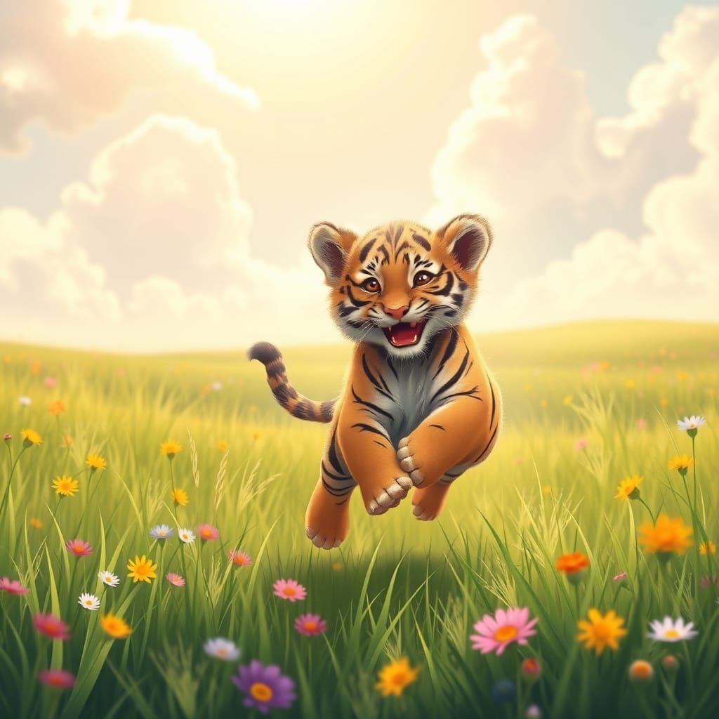 Joyful Tiger Cub in a Serene Field