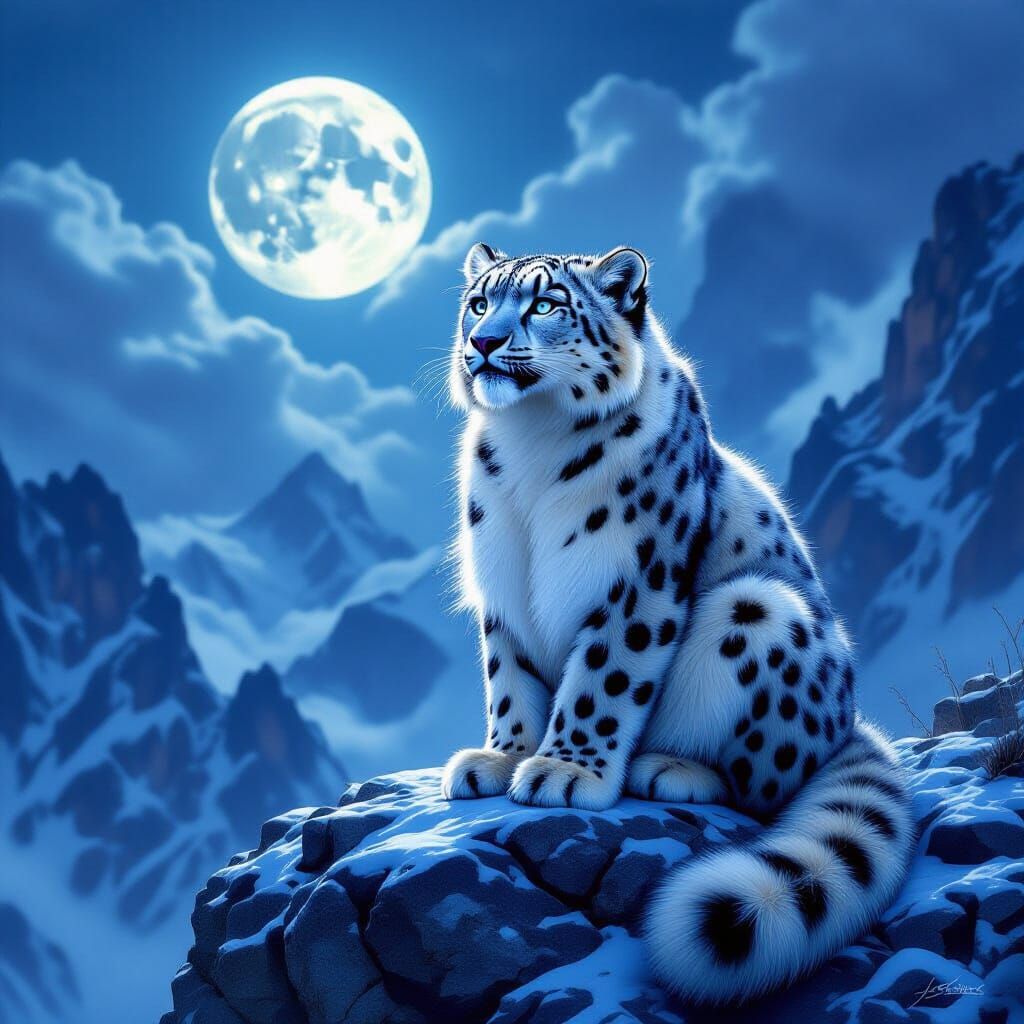 Snow Leopard Contemplation Under Ethereal Moonlight