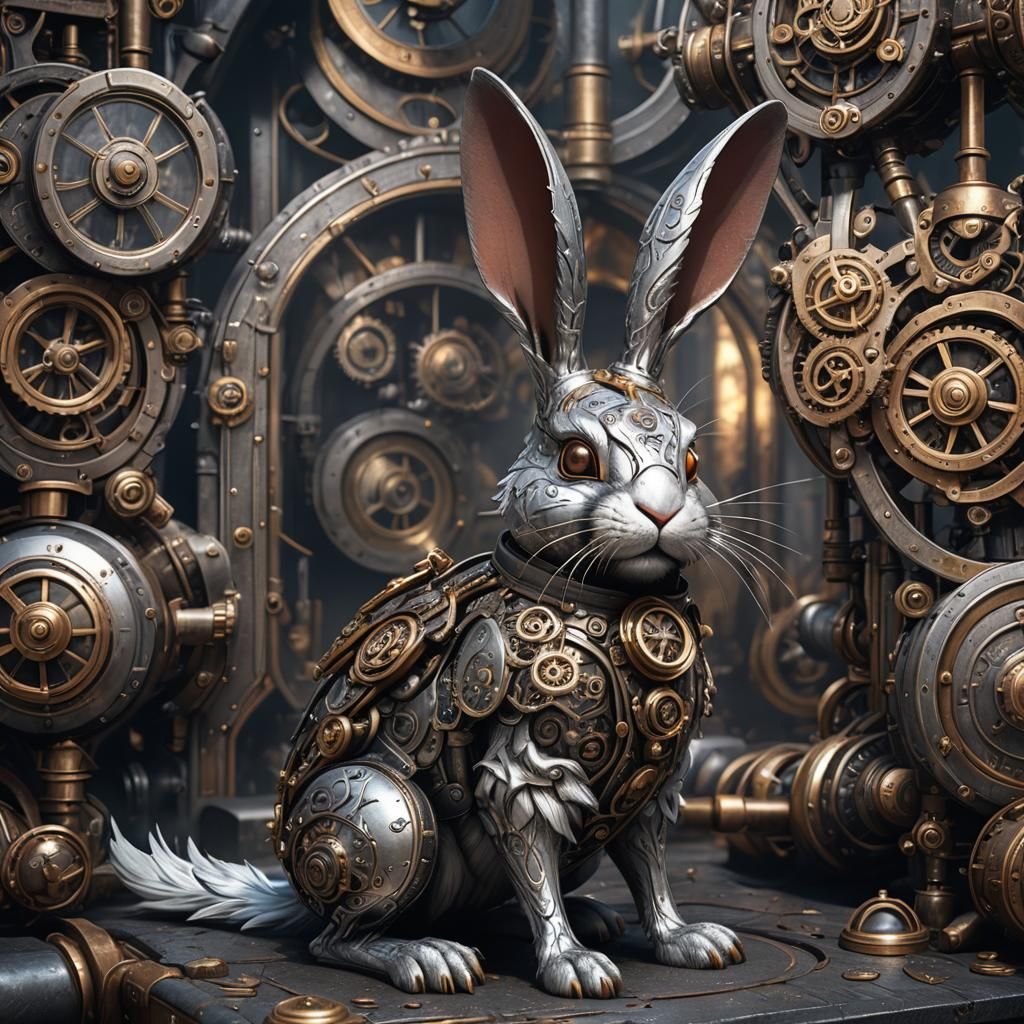 Steampunk Silver Rabbit: Detailed Matte Painting