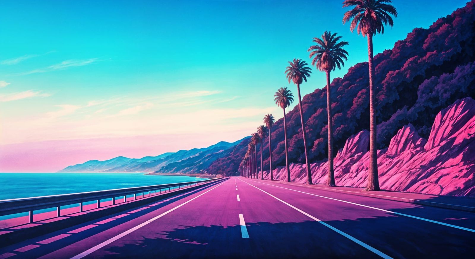 Neon Retro 80s Highway Watercolor Painting