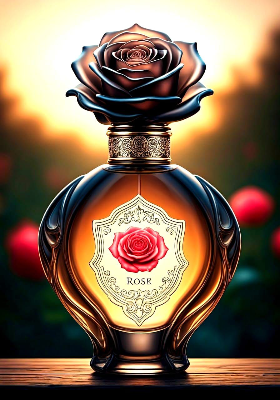 Elegant Perfume Bottle in Smoky Glass with Rose Garden Backg...