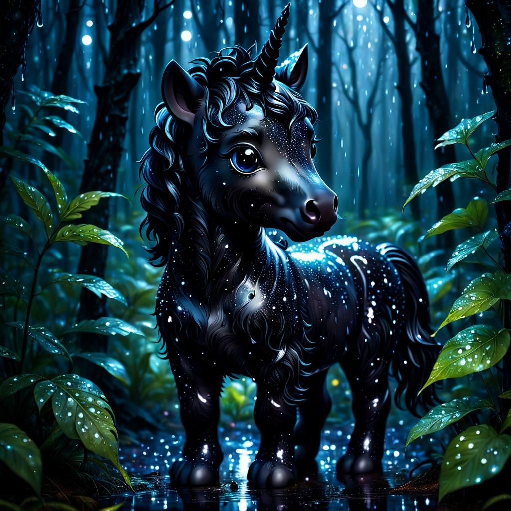 Magical Black Unicorn Cub in Rainy Forest