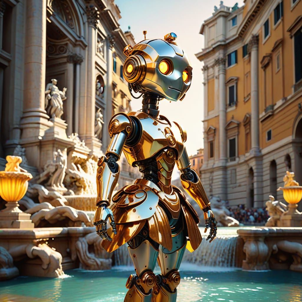 Whimsical Robot in Elegant Dress Stands Before Trevi Fountai...