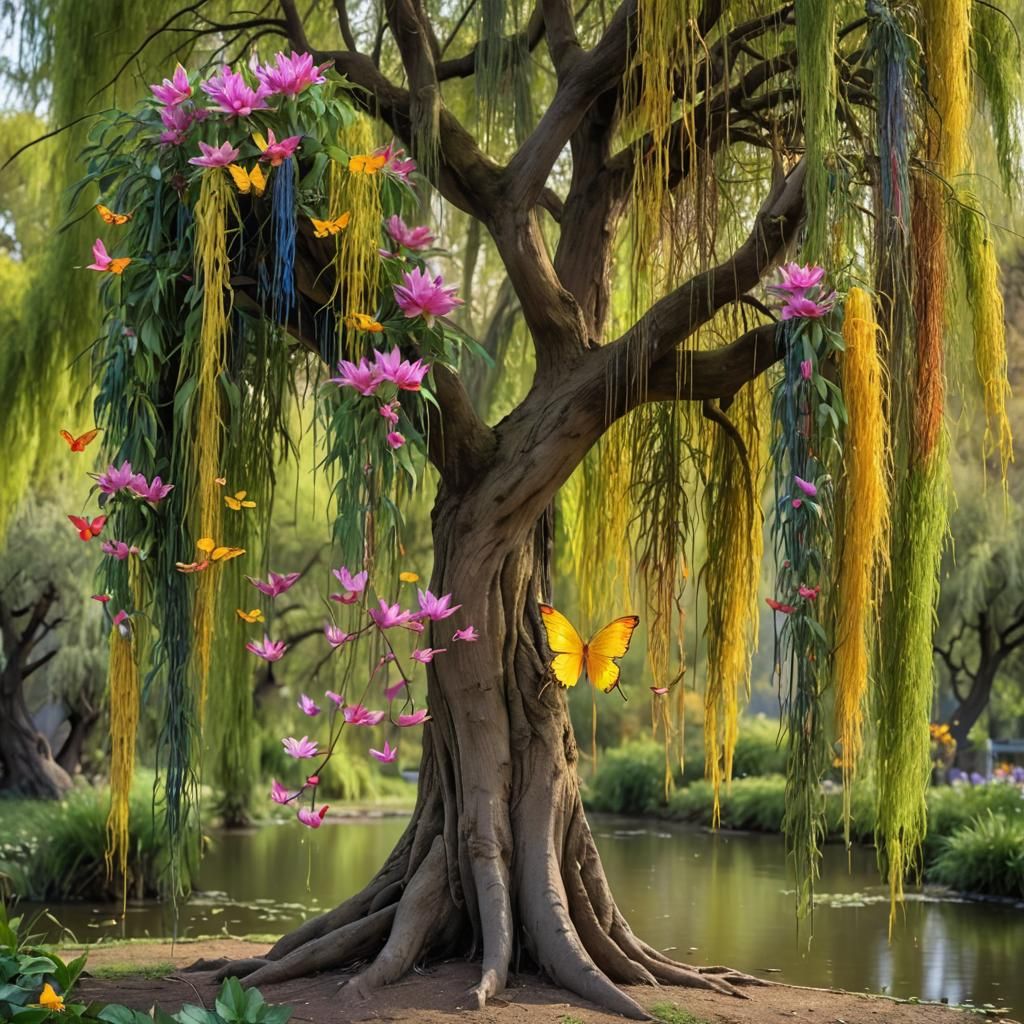 Weeping Willow with Rainbows and Butterflies