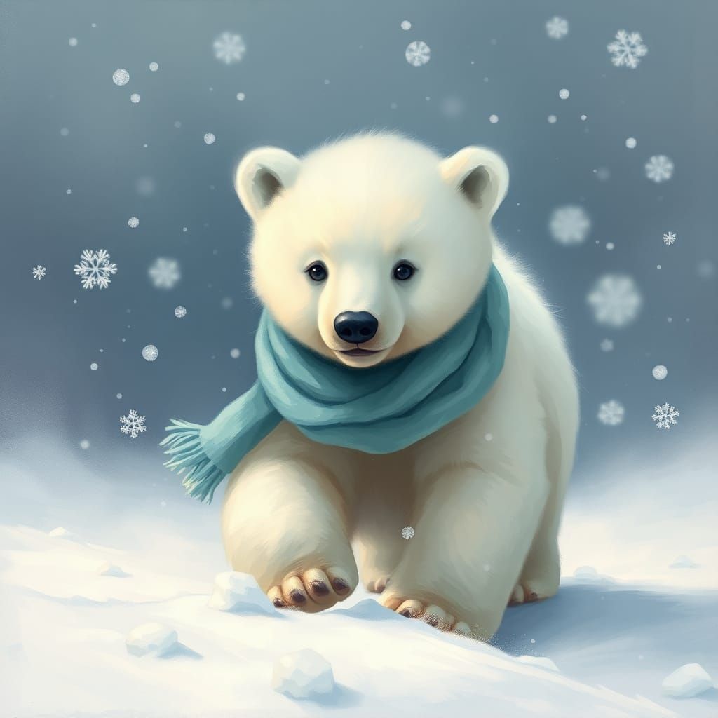 Polar Bear Cub in Winter Landscape as Impressionist Art