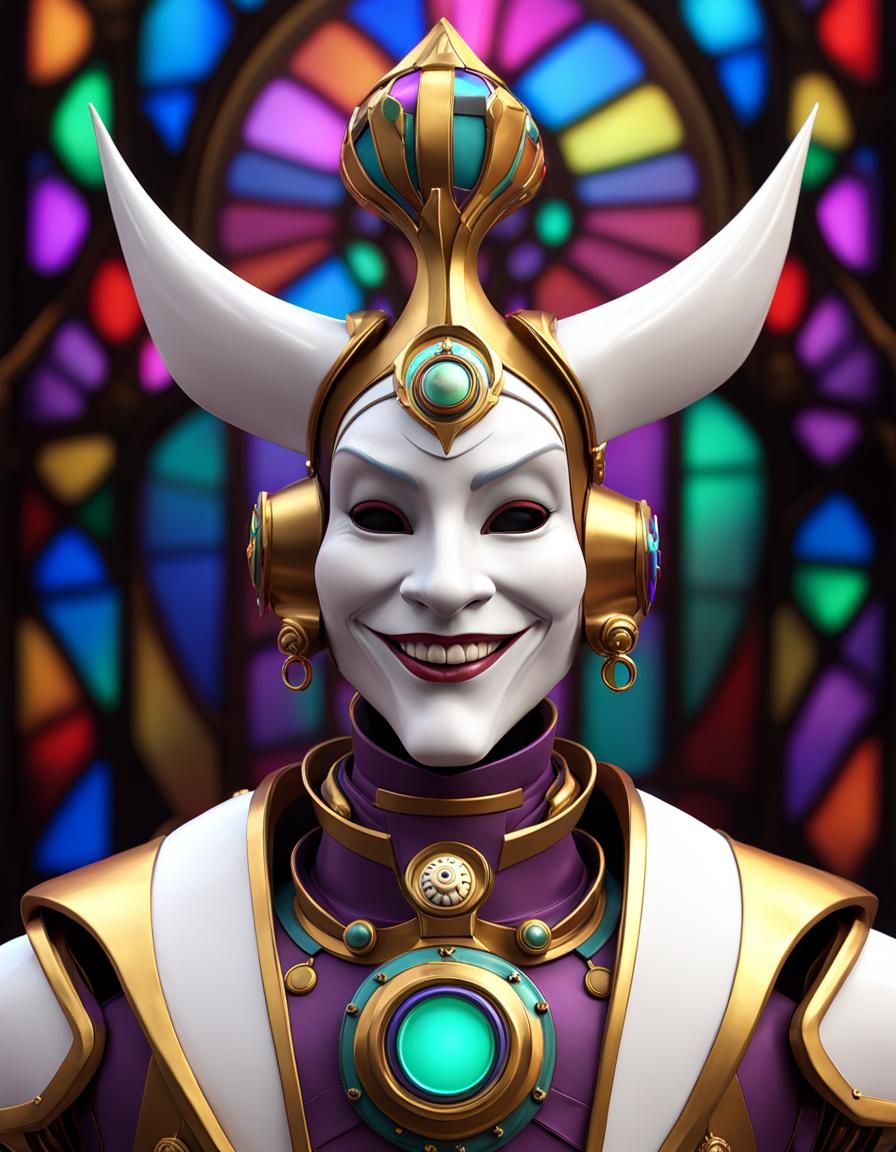 Steampunk Robot Jester with Stained Glass, 3D Art