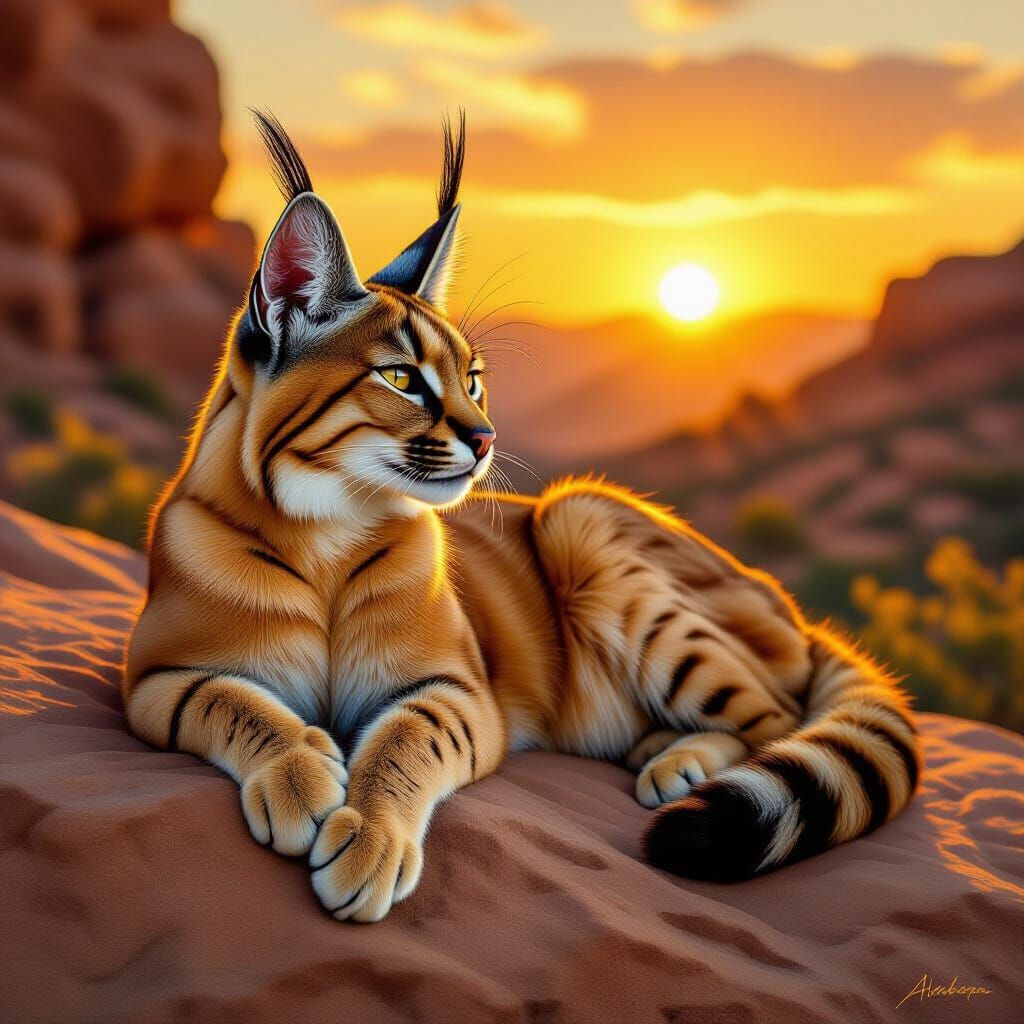 Caracal Cat Lounging in Golden Hour Oil Painting