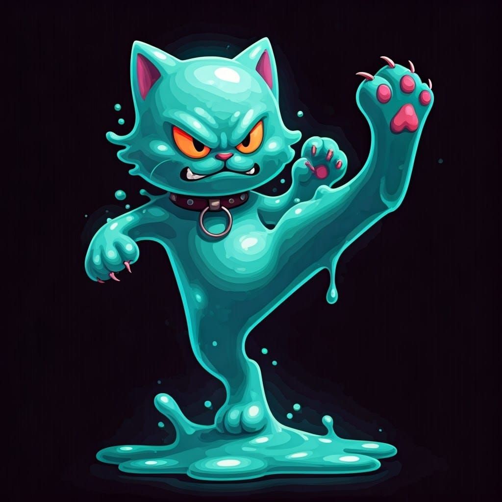 Aggressive Slime Cat Mid-Air Attack in Cartoon Style