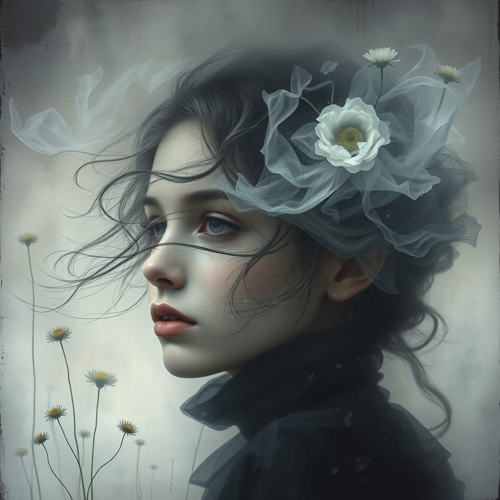 Ethereal Dreamer Portrait in Charcoal and Wax