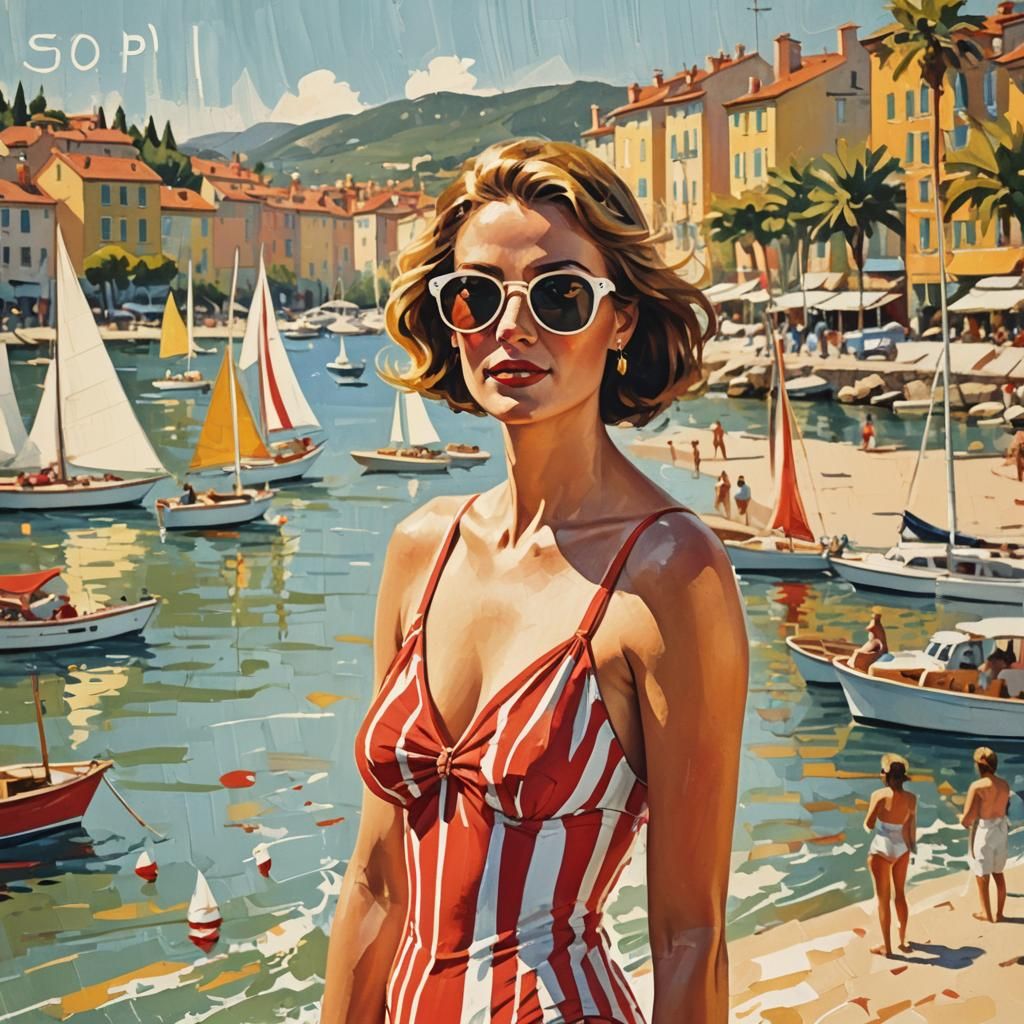 Retro Gouache Poster of Saint Tropez Beach