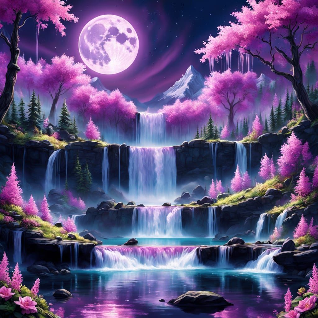 Enchanted Waterfall with Twin Moons and Aurora