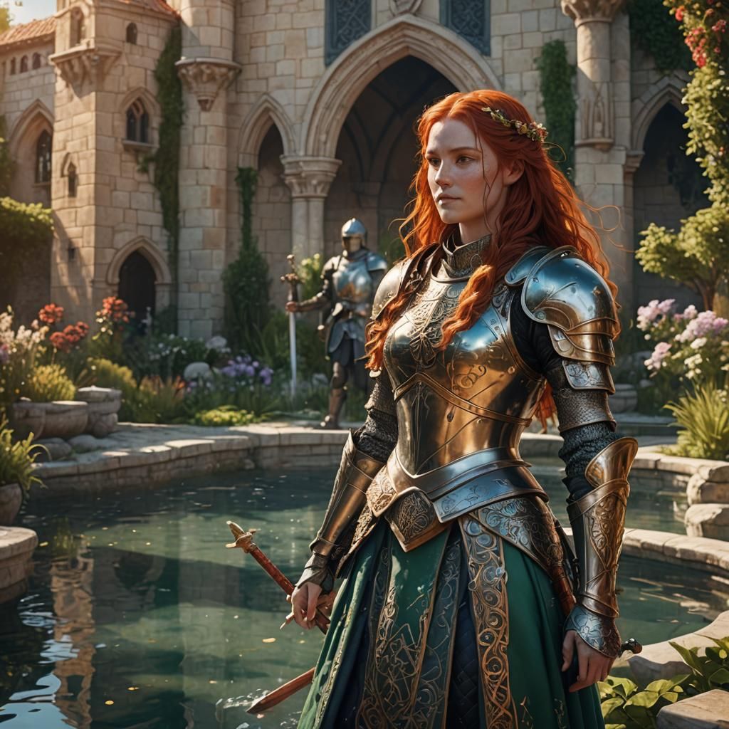 Woman in Celtic Armor by Pool, Fantasy Art