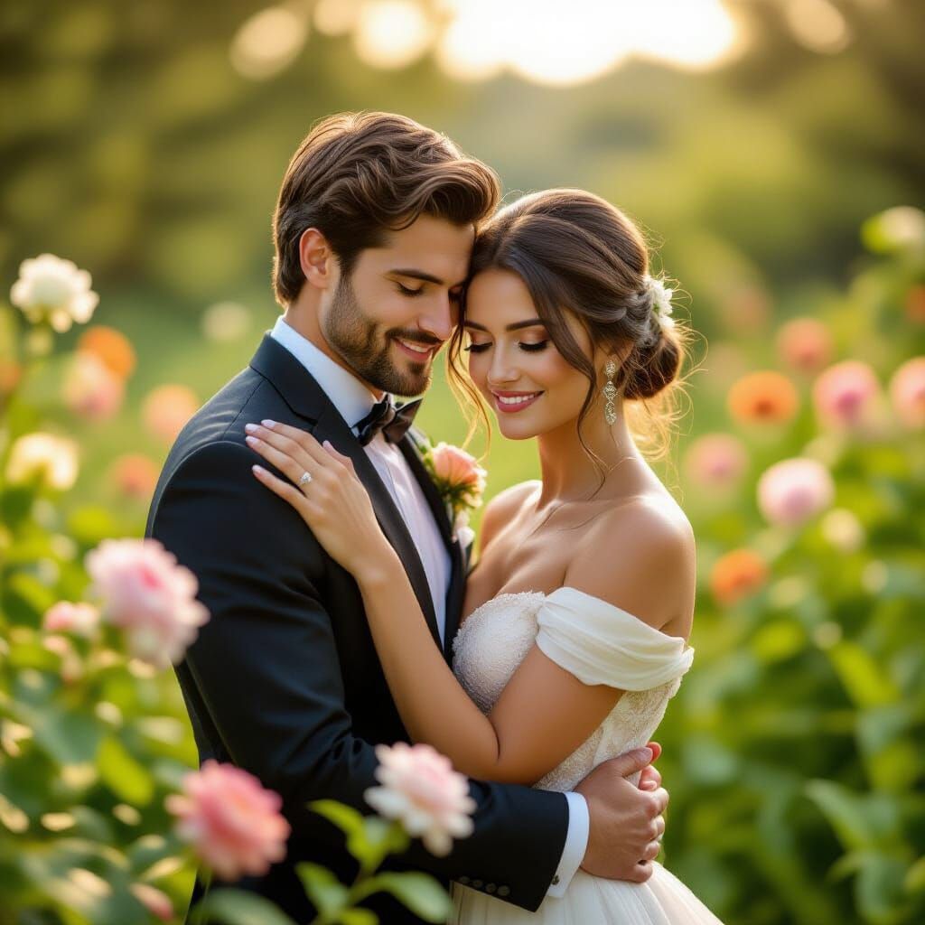 Elegant Woman Embracing Loved One in Lush Landscape