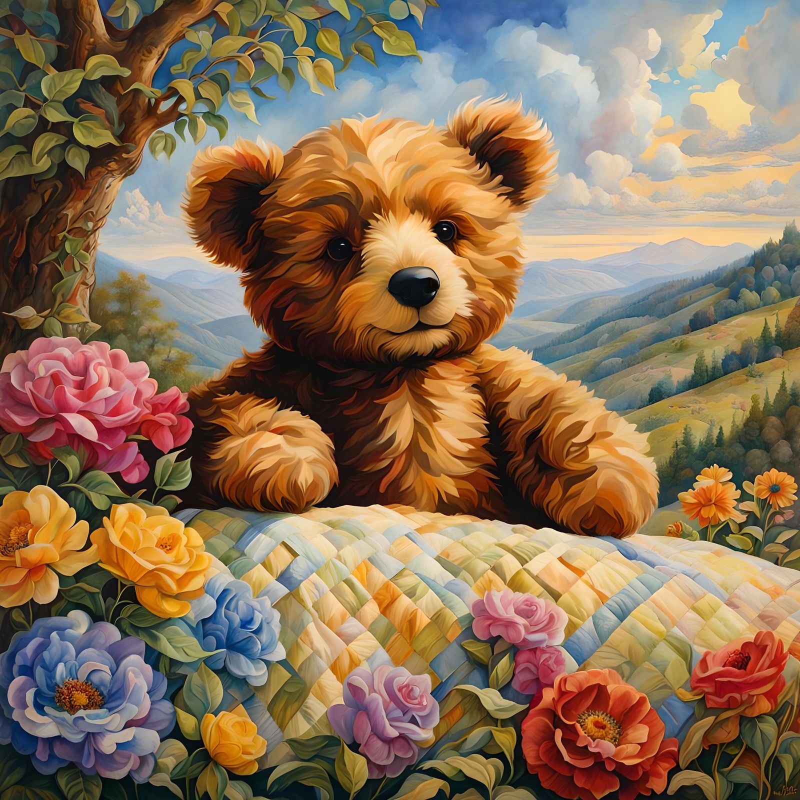Hyperrealistic Teddy Bear Quilt Storybook Illustration