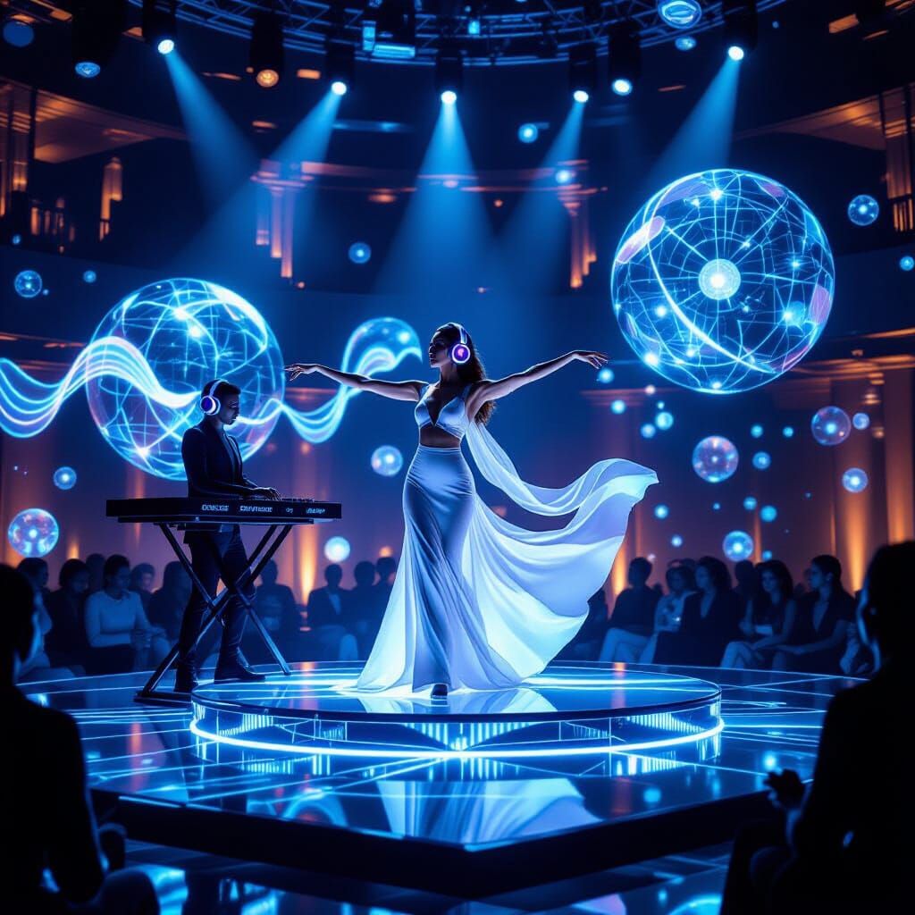 Cyberpunk Lounge with Holographic Elements in Noir Style