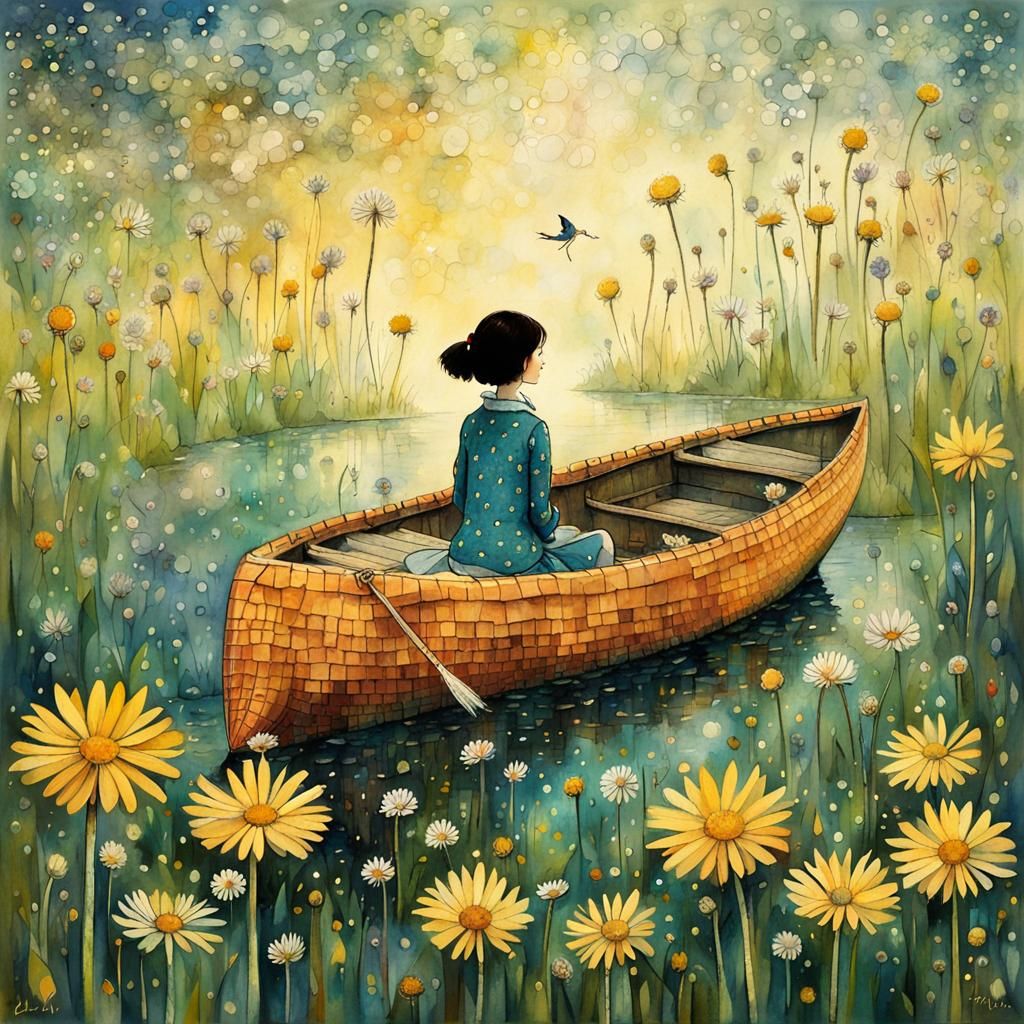 Dreamy Damsel with Airborne Alligator, Whimsical Art