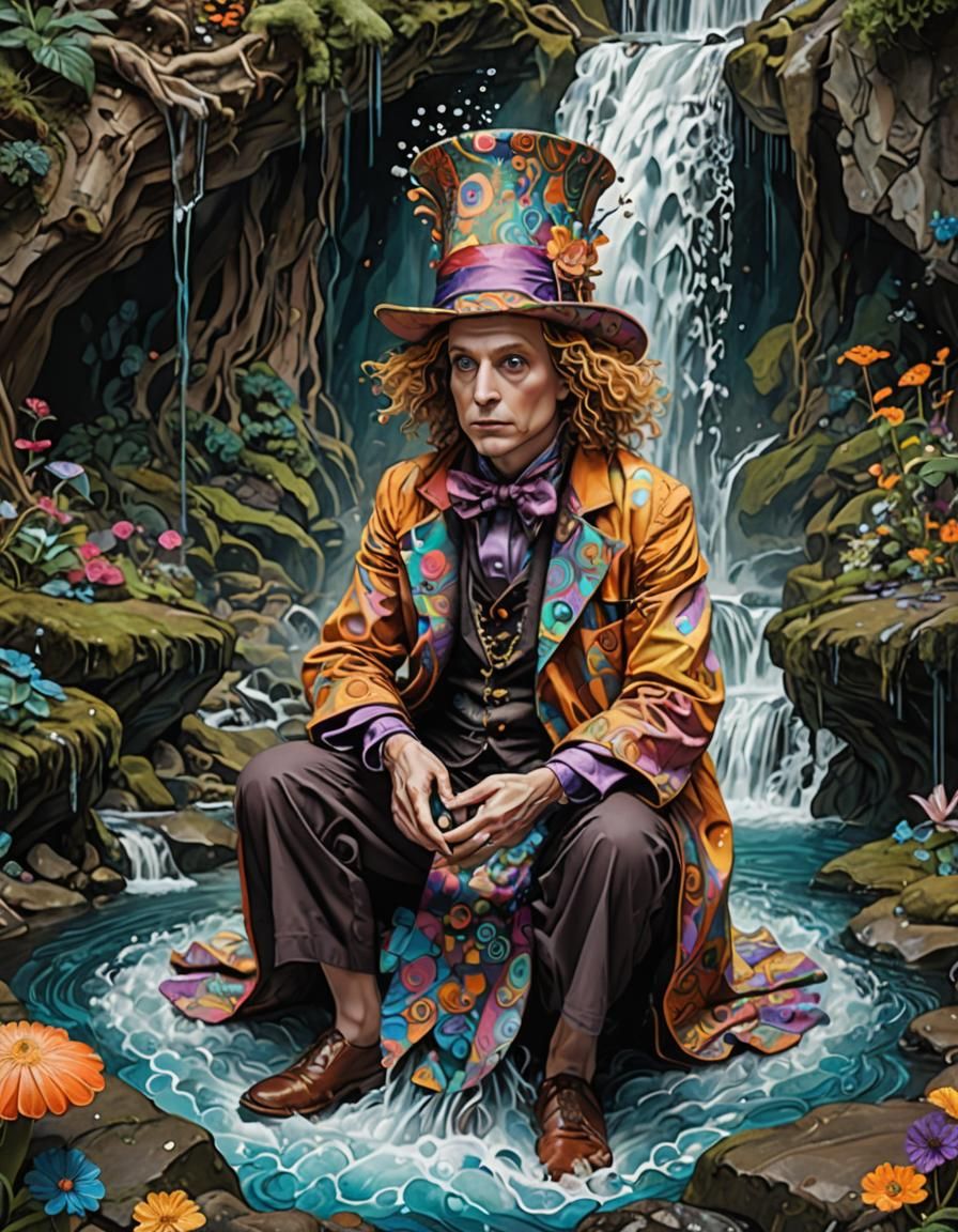 Mad Hatter Monk Meditating: Intricate Hand-Drawn Illustratio...