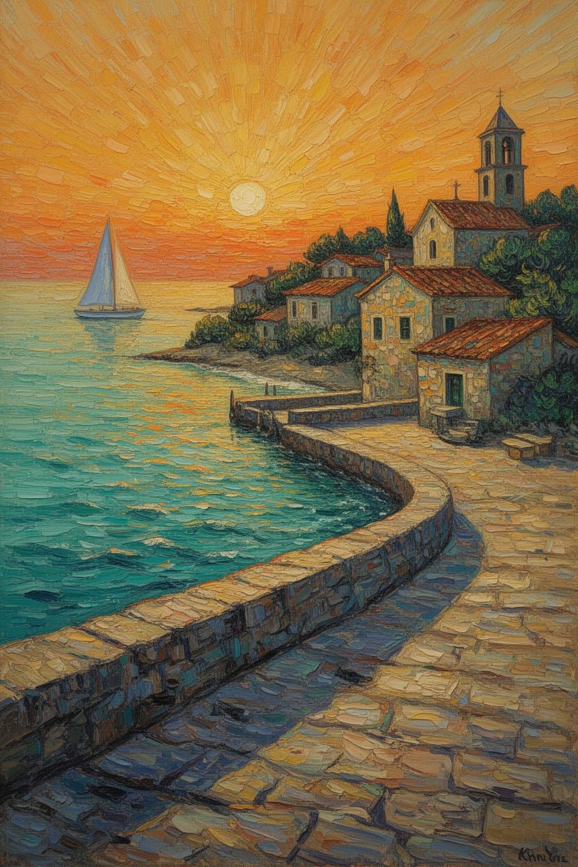 Seaside Village Sunset Oil Painting with Jetty and Sailboat