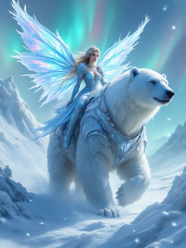 Ice Fairy Princess Riding Armored Polar Bear Through Aurora