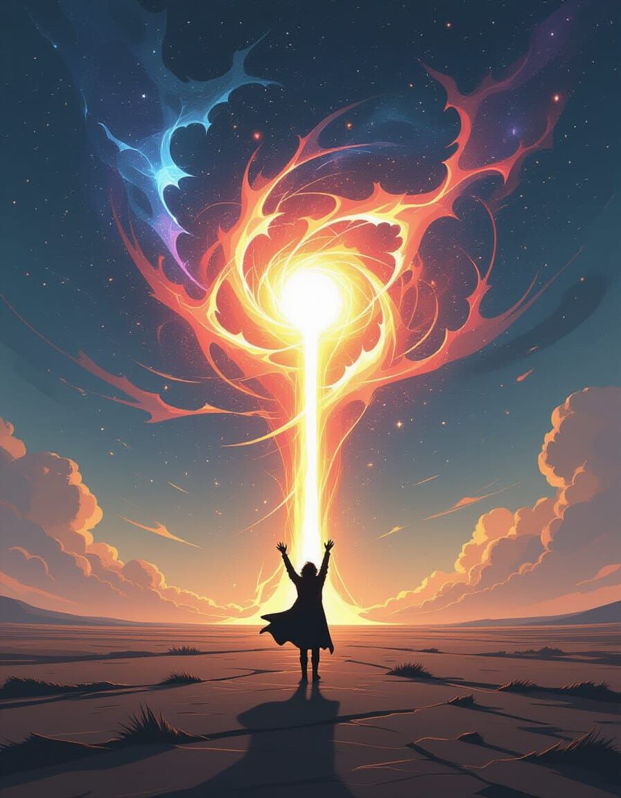 Figure Reaches for Cosmic Portal on Windswept Plain