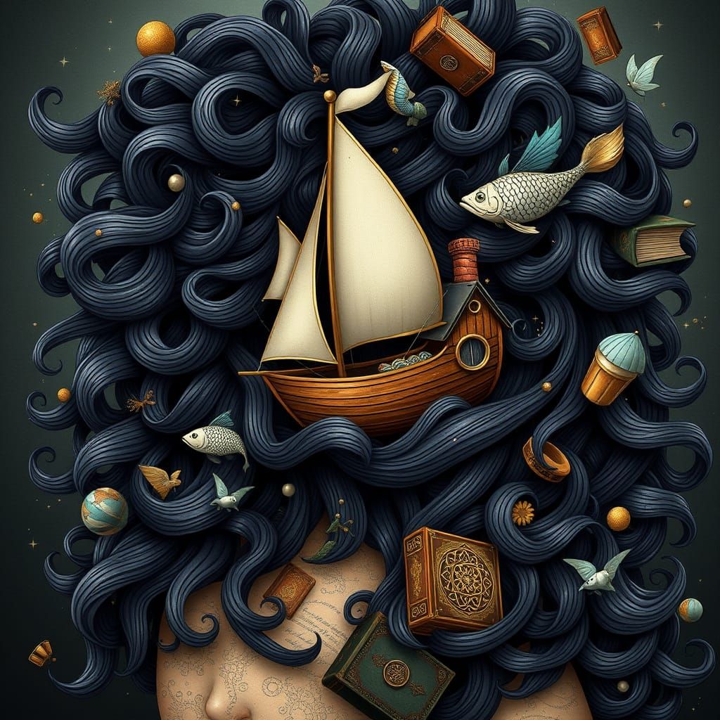 Woman's Whimsical Hair with Sailboat, Hobbit House, and Deli...