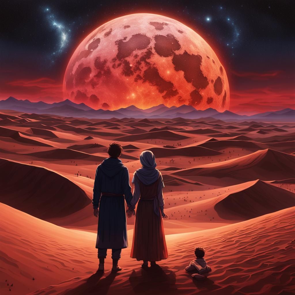 Blood Moon Desert Embrace: Astral Illustration in 8k