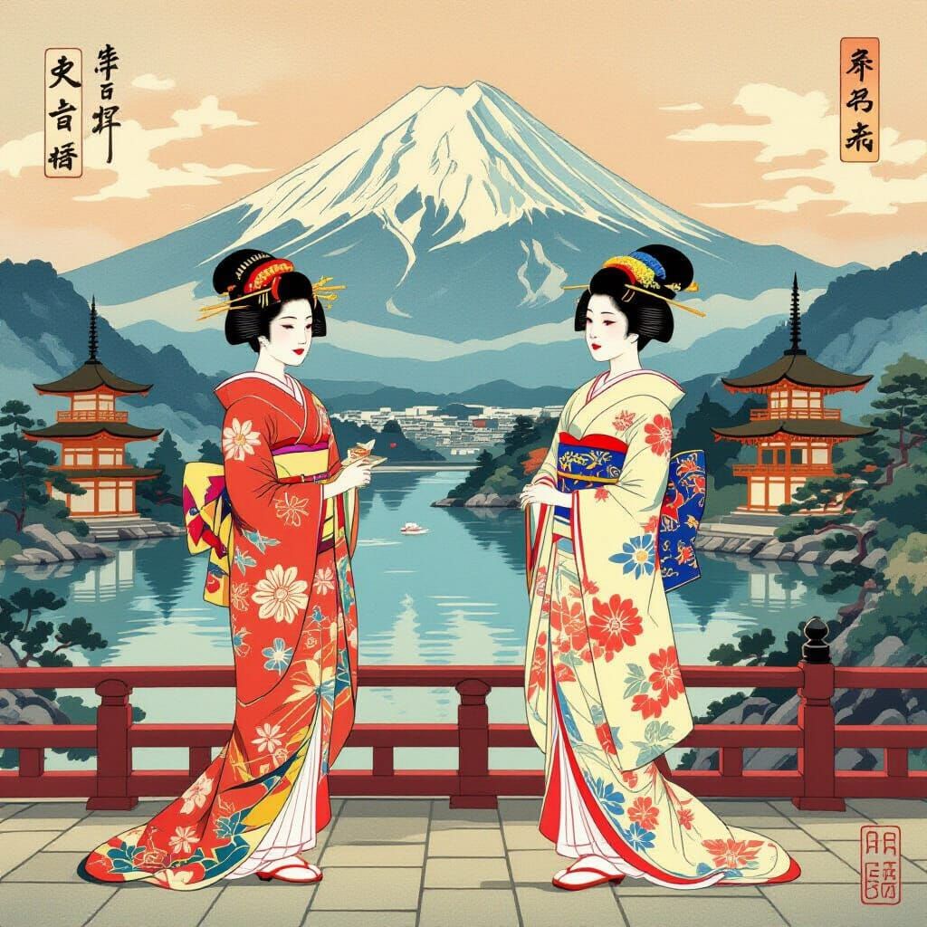 Vintage Japanese Landscape with Geishas