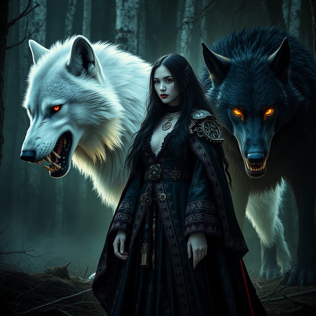 Eerie Forest Scene with Wolves and Gothic Woman
