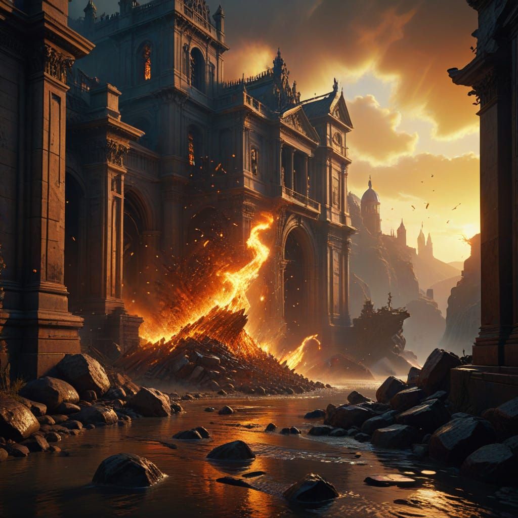 Surreal Action Scene in Golden Light with Cinematic Shadows