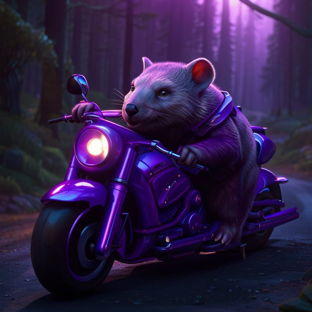 Wombat on Purple Motorcycle: Detailed Matte Painting