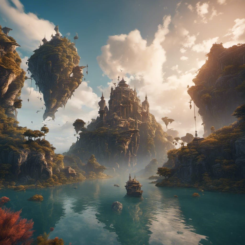 Fantastical Floating Islands in Detailed Digital Painting