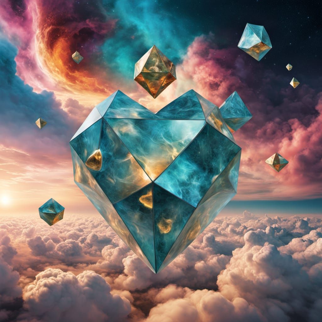 Nebula Heart of Platonic Solids in Surreal Mosaic Art