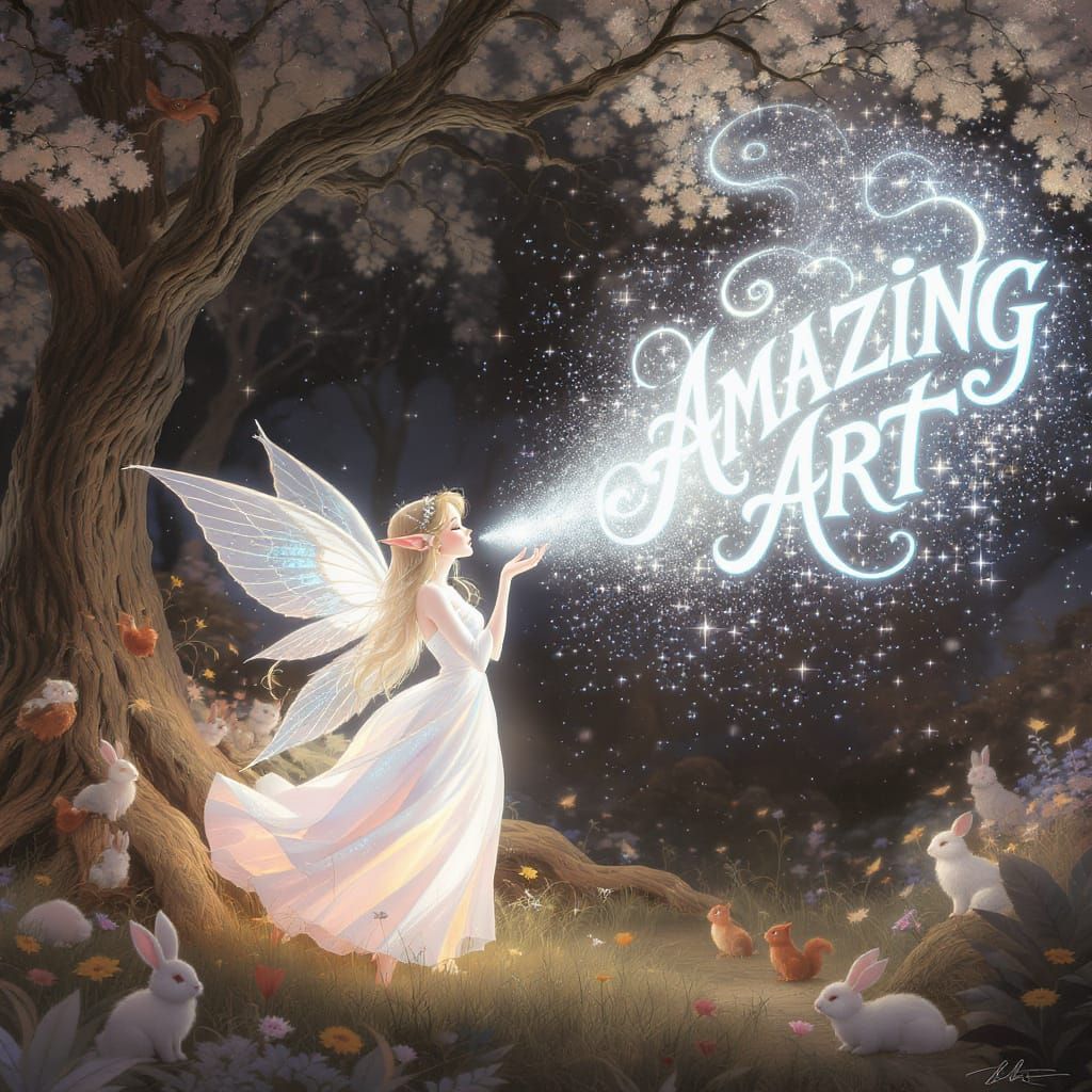 Luminous Elf in Enchanted Forest Blowing Stardust